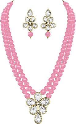 AHELI Ensemble Collar and earrings with pendant in false Kundan pearls for wedding festival, Bollywood Indian jewelry for women, metal.. Why pay more? DIAYTAR Nigeria gives you the best for less.