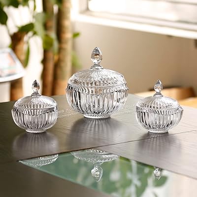 JT 3 pieces Set of glass candy containers with lid, 1 large diameter 14.9 cm and 2 small diameters 11.7 cm, family dishes designer crown for house decoration, transparent sugar pot for storage of cookies.. DIAYTAR NIGERIA makes luxury accessible with our affordable prices and dependable delivery service.