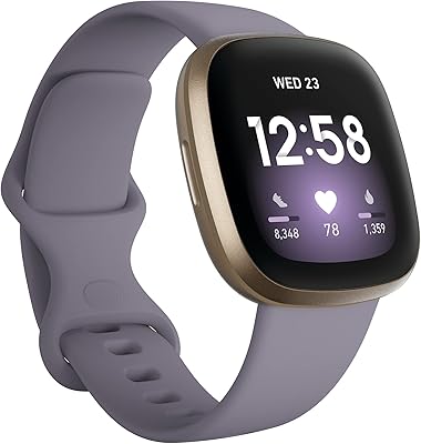 Intelligent watch Versa 3 with a golden/light purple aluminum case, attached to large and small size of fitbit bracelets.. Your favorite brands are just a click away on DIAYTAR Nigeria.