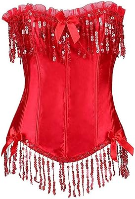 Corset with fringes for women, fitted cut, decorative corset in satin with tie (color: red, size: code l).. DIAYTAR NIGERIA: Connecting Nigerians with their needs through our affordable and diverse marketplace.
