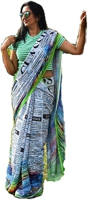 Sari in silk and cotton, printed on cotton and linen newspaper with non -sewn green blouse, broken white, 6 meters.. Experience the DIAYTAR difference with our vast product selection and delivery within 5-8 days.