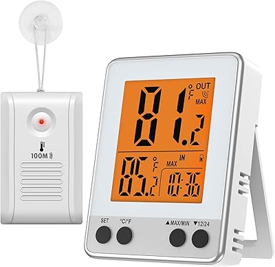 Interior and exterior wireless thermometer, digital thermometer with distance sensor, orange backlight, table top, magnetic wall support for house, greenhouse, children's room.. Shop with intention at DIAYTAR NIGERIA, offering thousands of products delivered nationwide in days.