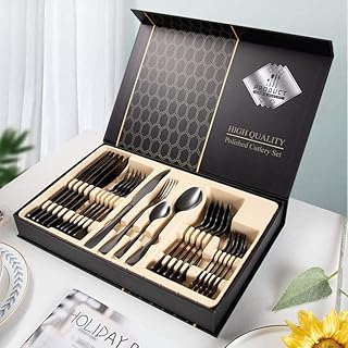24-room silverware box with gift box, set of stainless steel cutlery for 6 people, set of mirror polished cutlery, knife, fork and washable tablet in the dishwasher (black).. DIAYTAR NIGERIA revolutionizes online retail with our extensive selection and dependable shipping service.
