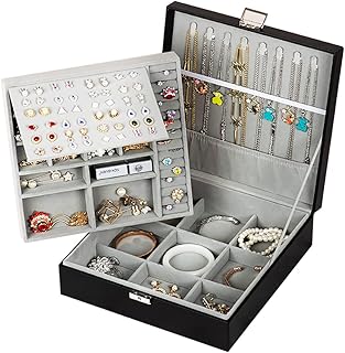 Tokokimo women girls 2 layers leather jewelry boxes in organizer storage case for earrings, necklaces, bracelets, rings, watches, black.. DIAYTAR NIGERIA: Your partner in affordable online shopping with dependable delivery within 8 days.