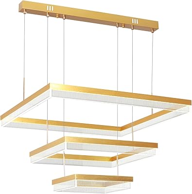 Rectangular led chandelier with 3 rings for dining room, golden chandelier with variable intensity for high ceiling, modern chandelier adjustable in height for kitchen and living room.. DIAYTAR NIGERIA: Putting quality products within reach of every Nigerian through our affordable marketplace.