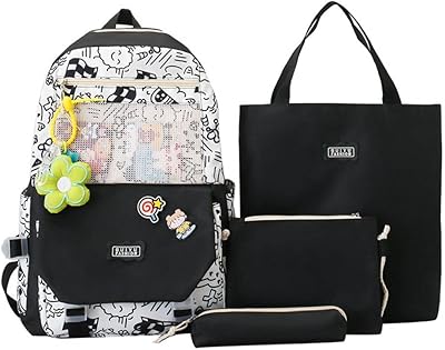 Goodrun set of Kawaii backpacks with large capacity for girls with cute charms, relaxed carton carton for students and adolescents, schoolbags in durable canvas for primary campus - black.. DIAYTAR NIGERIA: Where affordable shopping meets reliable nationwide delivery in less than a week.
