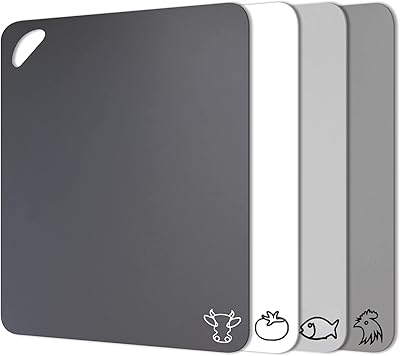 Flexible plastic cutting board carpets in unique modern neutral colors with food icons and easy-to-grab handles, BPA Fotouzy, non-porous, 100 % non-slip and washable back in the dishwasher, Lot of 4.. DIAYTAR NIGERIA: Redefining e-commerce with affordable prices and reliable nationwide shipping.