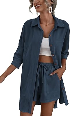 Two-piece cotton and linen tracksuit for women with high back t-shirt and relaxed tightening shorts.. Experience shopping without compromise at DIAYTAR NIGERIA, with vast selection and quick delivery.