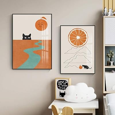 Painting on modern artistic canvas, abstract poster of orange chat sun, printing of fashion wall art for life 20x30 cm (8x12 inch) x2 without framework.. Forget the long lines — DIAYTAR Nigeria is always open for shopping.