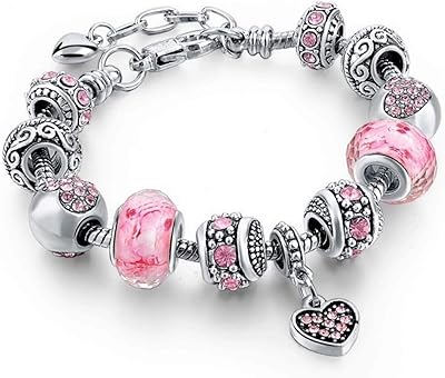 Set of silver plated pendant bracelets in the shape of pink hearts, jewelry gifts with pearls, charms and adjustable snake chain for girls and women (made 7.5 " + 1.5")).. Get what you need, when you need it — DIAYTAR Nigeria delivers fast.