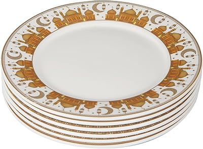 Ramadan design porcelain dinner plates, round ceramic service tray for salad, steak and pasta (lot of 6) (b) - gold and white (l - 24.5 x l x 24.5 cm).. DIAYTAR NIGERIA bridges the gap between desire and affordability with nationwide delivery in under 8 days.