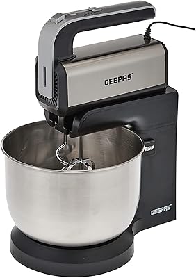 Geepas, ABS and stainless steel mixer, 220 watts, GSM4304, 3 liters, rotary stainless steel bowl, 5 speeds with turbo function, blue light indicator, 2 whips and kneader, black.. Home to endless choices and pocket-friendly prices — DIAYTAR Nigeria.