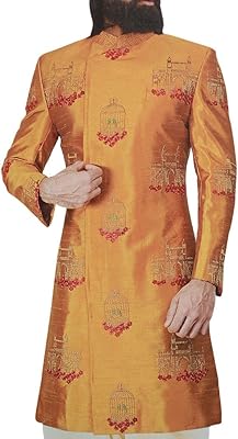 Sherwani Orange for men, groom Indian clothes decorated with strong and cage patterns.. With DIAYTAR Nigeria, everything is within reach — and within budget.