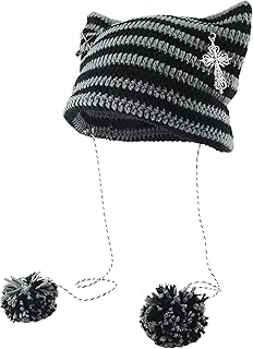 Grunge hats Y2K alternative Gothic Emo Cat and Fox Ear Crochet Knucts for Women Girls, Gray + Black, Unique Size.. Shop the smart way with DIAYTAR Nigeria — fast delivery, affordable everything.