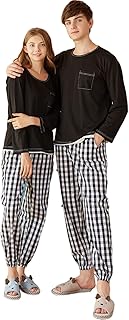Cotton matching pajamas for couples, long -sleeved pajamas and round neck with checkered pants, comfortable night clothes.. From tech to toiletries, DIAYTAR Nigeria delivers without delay.
