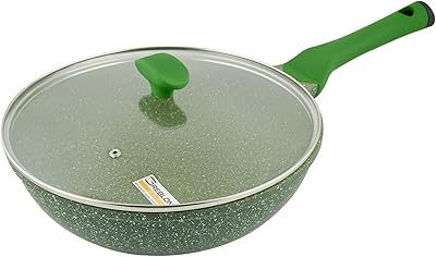 Wok Prestige Essential in aluminum with non -stick coating in granite, cover and induction background, marble wok, lead or pfoa, green, 28 cm.. DIAYTAR NIGERIA: Bringing quality products to every Nigerian with affordable nationwide delivery.