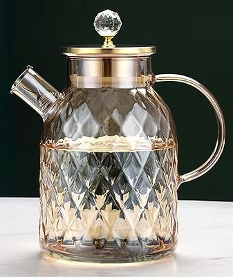 1.8 l borosilicate glass carafe with lid, water pitcher to prepare iced/hot tea, drinks, hot/cold coffee, milk and juices, luxury amber diamond design.. Make shopping fun and stress-free with DIAYTAR Nigeria.