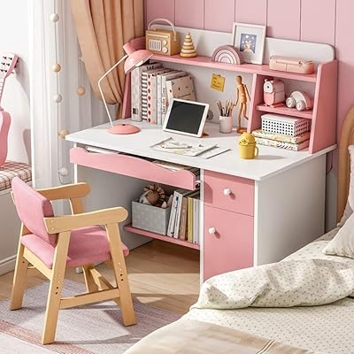 Computer desk for bedroom, corner table, single home desk with library and drawers so that children can write, study and read, A525A (pink).. Your budget-friendly online marketplace, DIAYTAR NIGERIA delivers a world of products in just 5-8 days.