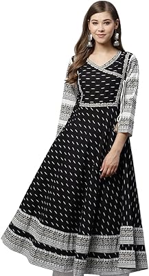 Anarkali Kurta in Ikat printed cotton for women (black), black.. DIAYTAR NIGERIA: Redefining e-commerce with affordable prices and reliable nationwide shipping.
