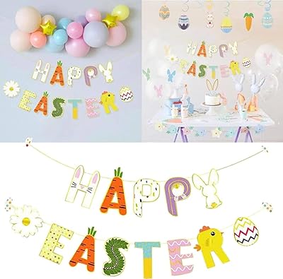 Colorful Easter banner, Easter banner, Easter paper banner, Easter eggs, carrot chick, flower, Easter spring banners, interior decoration supplies.. DIAYTAR NIGERIA: Your trusted partner for affordable online shopping with reliable delivery timeframes.