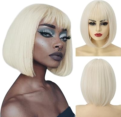 Sarla Platinum bland Bob signeque with bangs, short and smooth synthetic wig for women, 8 inch, heat resistant fiber.. Shop with intention at DIAYTAR NIGERIA, offering thousands of products at budget-friendly prices.