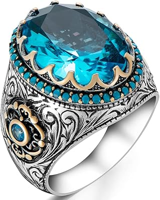 Sterling 925 silver men's ring with a blue topaz stone with turquoise details, Sterling silver stone, Topaz.. DIAYTAR NIGERIA: Where shopping meets satisfaction with affordable prices and prompt delivery services.