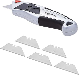 Robust utility knife with Amazon Basics rubber handle - Retractable blade lockable with 3 positions with 5 replaceable blades.. Thousands of items at your fingertips — DIAYTAR Nigeria makes it happen.