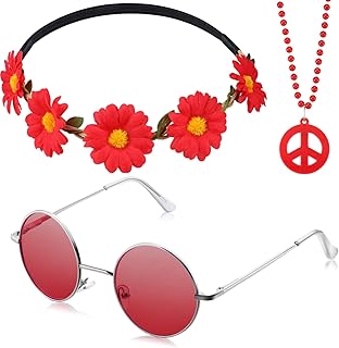 Set of 3 -room hippie clothing including a pearl necklace sign of peace, a crown band of flowers and hippie sunglasses from the 70s and 60s.. DIAYTAR NIGERIA delivers more than products - we deliver affordable shopping satisfaction nationwide.