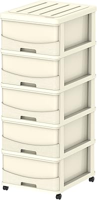 A 5 -level storage cabinet in cedar wood with drawers and casters, broken white color of cosmoplast.. Experience shopping satisfaction with DIAYTAR NIGERIA's vast selection and budget-friendly delivery options.