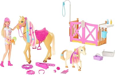 Barbie groom groom game set with a wave with blonde doll, 2 gestural horses and more than 20 accessories, hair changing color with tool and pliers.. Shop the future with DIAYTAR NIGERIA - thousands of products, unbeatable prices, delivery within a week.