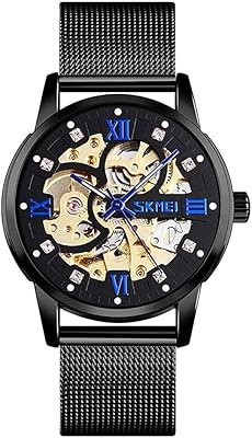 Steampunk watch with automatic movement for men with metal mesh bracelet encrusted with crystal stones and indexes with men's gift box by dhnq, black, bracelet.. DIAYTAR NIGERIA makes quality accessible with low prices and reliable 5-8 day nationwide delivery.