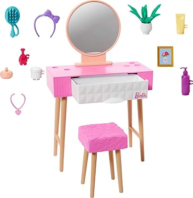Barbie, a set of furniture and accessories for plastic doll house decoration on the theme of Barbie vanity, children's toys and gifts, a mirror, a chair and beauty products.. Discover endless shopping possibilities at DIAYTAR NIGERIA, with budget-friendly prices and reliable delivery.