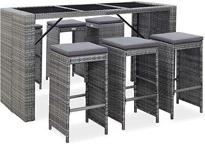 VEDEXCEL 7 -piece garden bar set with cushions for outdoor terrace, balcony, dining table and chair, set of gray polyrotin furniture.. DIAYTAR Nigeria: Shopping that fits your budget and your schedule.