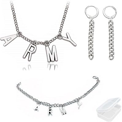 BTS name necklace with pendant and army letter bracelet, and 2 pieces of earrings, with a transparent box, of BBX.. Shop smarter with DIAYTAR NIGERIA's diverse marketplace and budget-friendly nationwide delivery.
