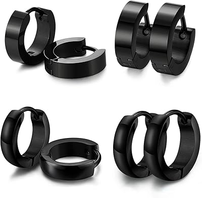 Huggie Snad Small Black Creole Ear Boucles Stainless steel for men and women, 4 pairs of styles.. DIAYTAR NIGERIA: Where countless products meet affordable prices and reliable nationwide shipping.