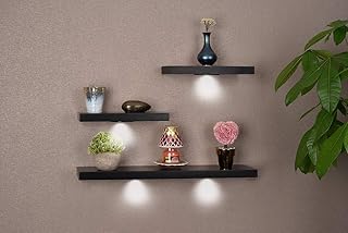 Multipurious wooden floating wall shelves with LED Sakia Mall lights - black (set of 3 rooms).. DIAYTAR NIGERIA: Bridging the gap between consumers and quality products with affordable nationwide shipping.