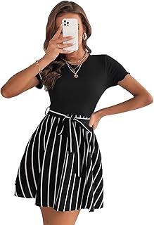 Short casual dress with trapezoid stripes with belt and short sleeves for women.. DIAYTAR NIGERIA connects you with endless possibilities through our affordable e-commerce platform.