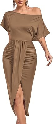 Midi dress with ruffled and bare shoulders for woman hem split on the front.. DIAYTAR NIGERIA delivers happiness in 5-8 days with our affordable and diverse product range.
