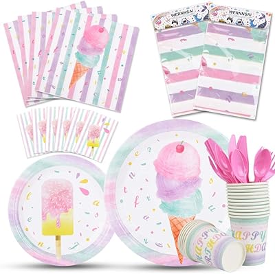 Set of festive supplies with ice cream - disposable dishes for birthday party, baby shower, plates, paper cups, towels and cutlery bag for 16 guests 130 pieces.. Your budget-friendly online marketplace, DIAYTAR NIGERIA delivers a world of products in just 5-8 days.