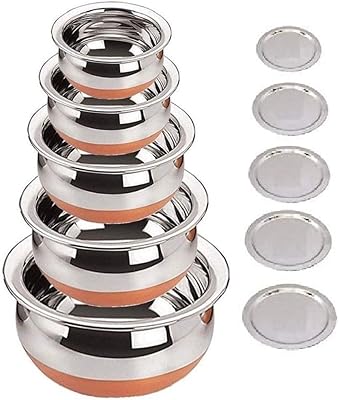 Shopiumtm Punjabi Handi Biryani Punjabi Handi Biryani pot stainless steel joke with lid 5 service bowls with cover capacity of the cooking set: - 0.5 l, 1.2 l, 1.5 l, 1.8 l, (copper and silver).. Shop with intention at DIAYTAR NIGERIA, offering thousands of products at budget-friendly prices.