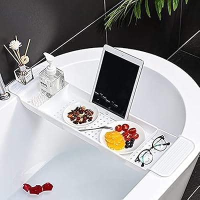 Kfifi expandable bathroom shelf, adjustable storage shelf, multifunctional bathtub organizer for mobile, pillow, books, drinks, vegetables and fruit (white).. Your digital shopping ally, DIAYTAR NIGERIA offers extensive selection with budget-friendly delivery.