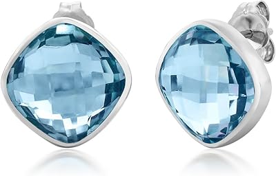 Root earrings with blue topaz for woman in Sterling 925 silver (12.00 carats in total, real precious stone, 12 mm checkerboard), gem metal, topaz.. Experience the power of choice with DIAYTAR NIGERIA's vast catalog and affordable 5-8 day delivery.