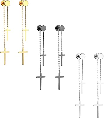 3 pairs of earrings with cross pendant for men and women, set of pierced earrings with double pompom cross stainless steel, metal metal.. DIAYTAR NIGERIA delivers on our promise of extensive selection and budget-friendly nationwide shipping.
