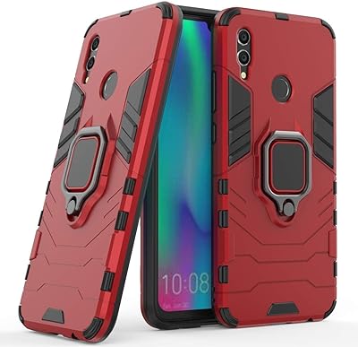 Robust double layer shell compatible with Huawei P Smart (2019), Honor 10 Lite, with metal ring and crutch (works with car magnetic support) (red).. DIAYTAR Nigeria: Shopping that fits your budget and your schedule.