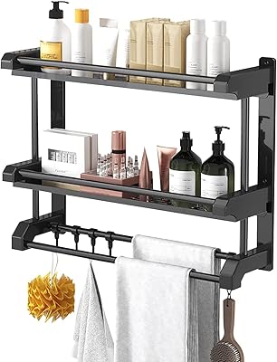 Bathroom shelf with wall towel holder, storage holder for bathroom towels, kitchen storage holder with suspension hooks.. Experience budget-friendly shopping at DIAYTAR NIGERIA, Nigeria's premier online marketplace with quick delivery.