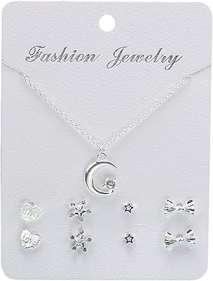 Set of trendy jewelry for women, 4 pieces, earrings in the shape of a moon crescent, silver jewelry set, Christmas gifts for men and women, necklace with personalized diamond pendant.. DIAYTAR NIGERIA: Where every search leads to affordable products delivered promptly across Nigeria.