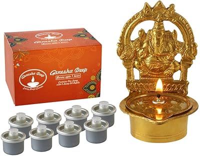 Lekshmi Ganesha's deep lamp - golden finish, 10 x 6.5 x 7.5 cm, brass lamp with 8 wicks of cotton oil.. From fashion trends to home essentials — find it on DIAYTAR Nigeria.