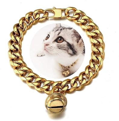 Collar for puppy, cat and dog in 18 carat gold, adjustable necklace in wide stainless steel resistant to chewing with 1/2 "Cuban rings with gold bell, personalized label.. From office supplies to fashion — DIAYTAR Nigeria brings it fast.