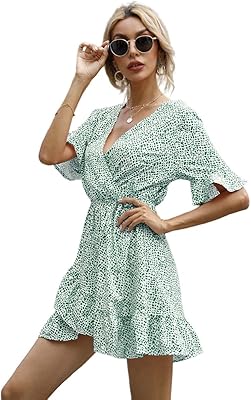 2023 New short summer dress for women, floral motif, ruffled hem, short sleeves, V -neck.. DIAYTAR NIGERIA: Your trusted e-commerce partner with extensive product choices and affordable delivery.