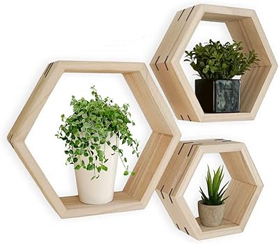 Set of hexagonal natural wooden shelves with 5 wall shelves for bedroom, desk, living room and bathroom - Rustic wall decoration (3 rooms).. Discover endless possibilities with DIAYTAR NIGERIA's extensive product range and affordable shipping.